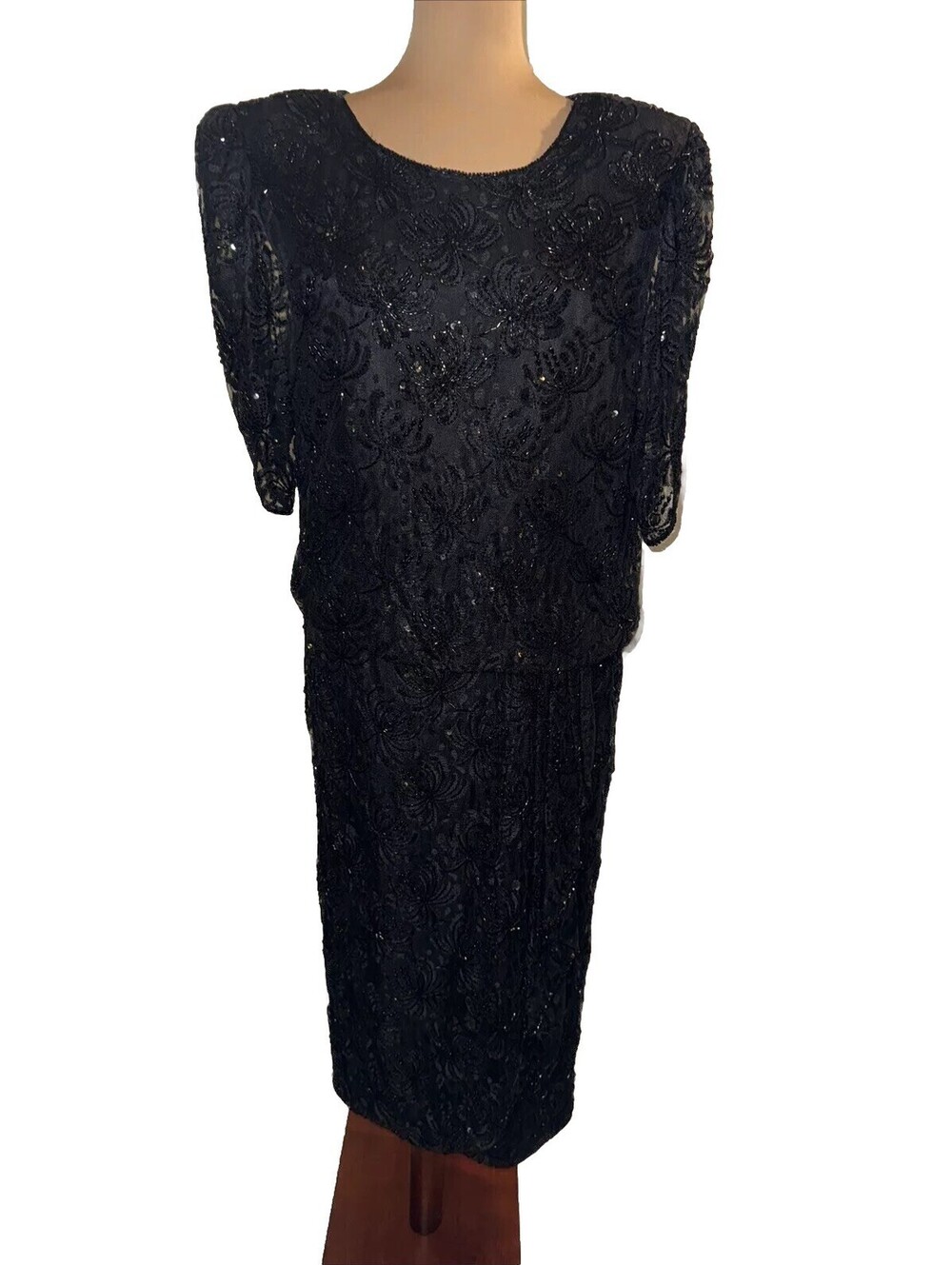 Vintage O. R. Silk Fashion LTD Black Sequin Long Sleeve Dress Size XL
